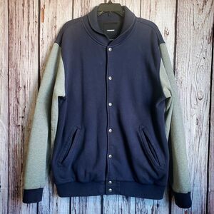 Burton Varsity Bomber Jacket Blue Gray XL Mens Button Snap Cotton Blend Lined